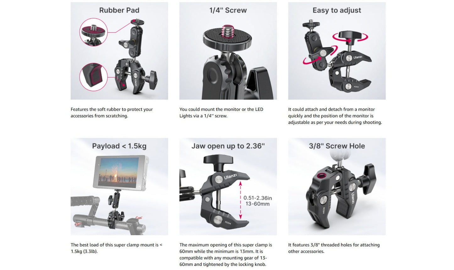ULANZI Super Clamp 360° Ballhead Magic Arm Double Ball Head Camera Mount with 1/4"-20 & 3/8"-16 Thread for Canon Nikon DSLR