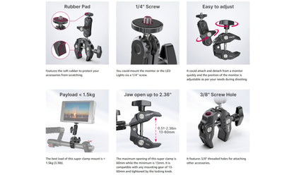 ULANZI Super Clamp 360° Ballhead Magic Arm Double Ball Head Camera Mount with 1/4"-20 & 3/8"-16 Thread for Canon Nikon DSLR