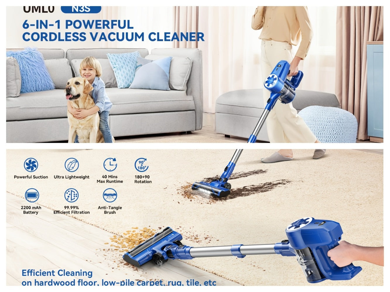 Cordless Vacuum Cleaner Stick Vacuum, MAX 70Kpa Suction, 45-Min Runtime, Anti-Tangle, 50.72oz Dust Cup