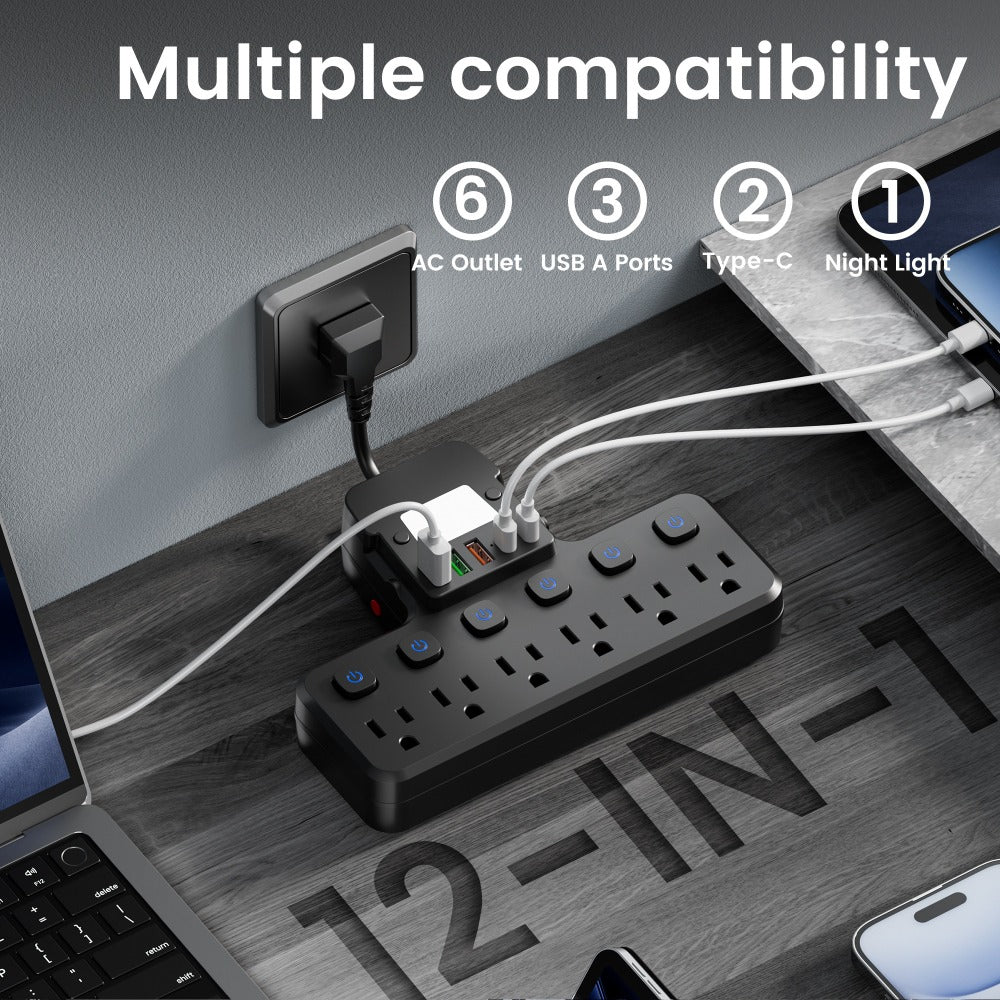 Night Light Wall Outlet Extender 11-in-1 with 6 AC Outlets & 5 USB Ports (3 USB-A & 2 USB-C), Surge Protector Adapter for Home