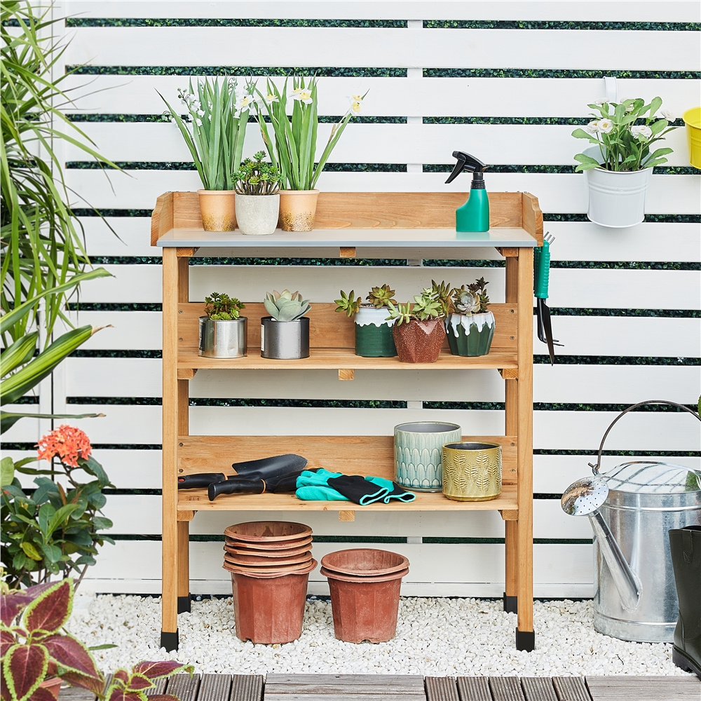Rolling Potting Bench 3-Tier Wooden Garden Workstation Waist-High Galvanized Metal Top Lockable Casters for Garden, Patio and Yard Use