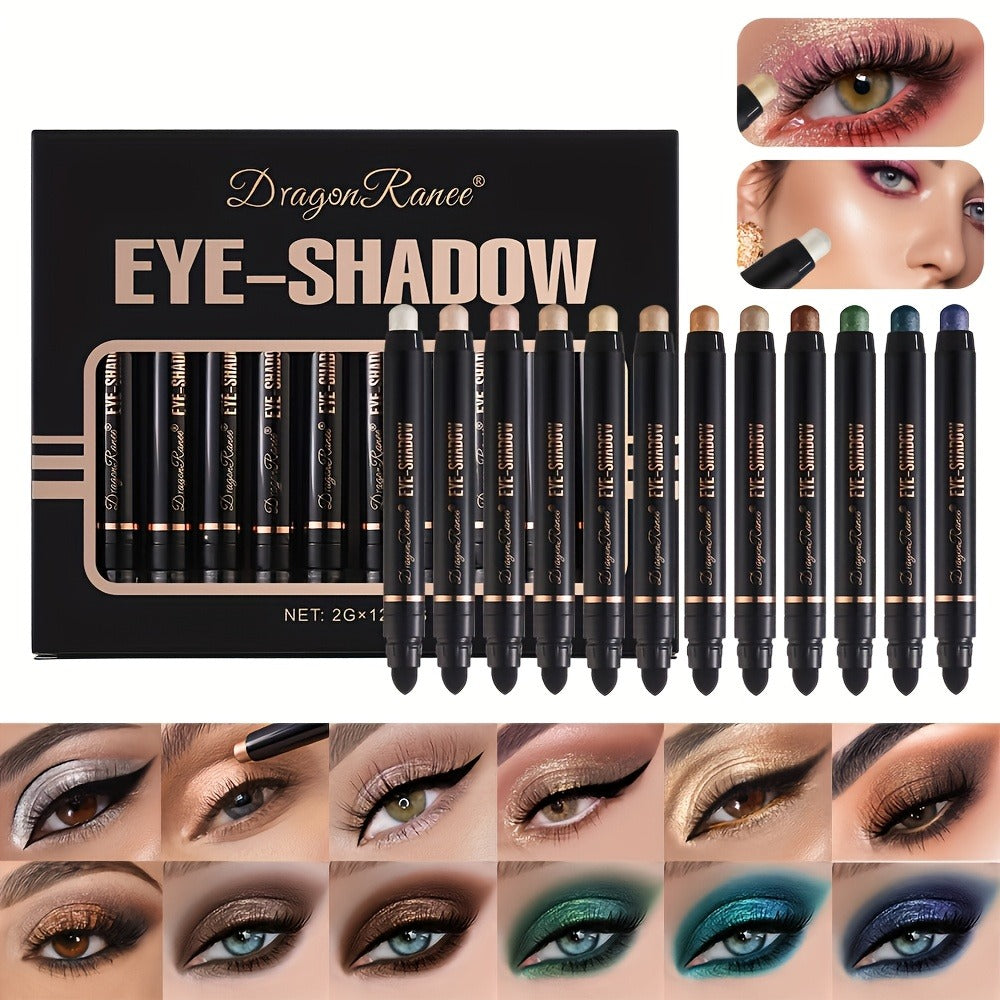 Shimmer Eyeshadow Stick Set 12 Pcs Double-Ended Glitter Cream Eye Shadow Pencil Waterproof, for Makeup, Travel and Everyday Vanity Use