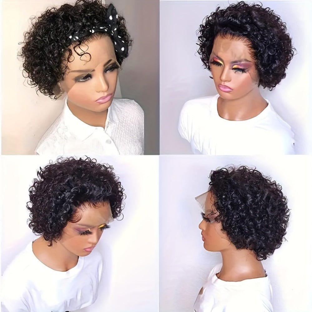 Synthetic Wig 6-Inch Short Small-Curl Afro in Black with Glueless Rose Net Cap for Events and Cosplay
