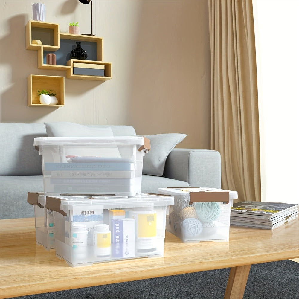 Six-Pack 3.5-Quart Clear Storage Bin Set with Brown Latches, Lid Handles and Stackable Shape