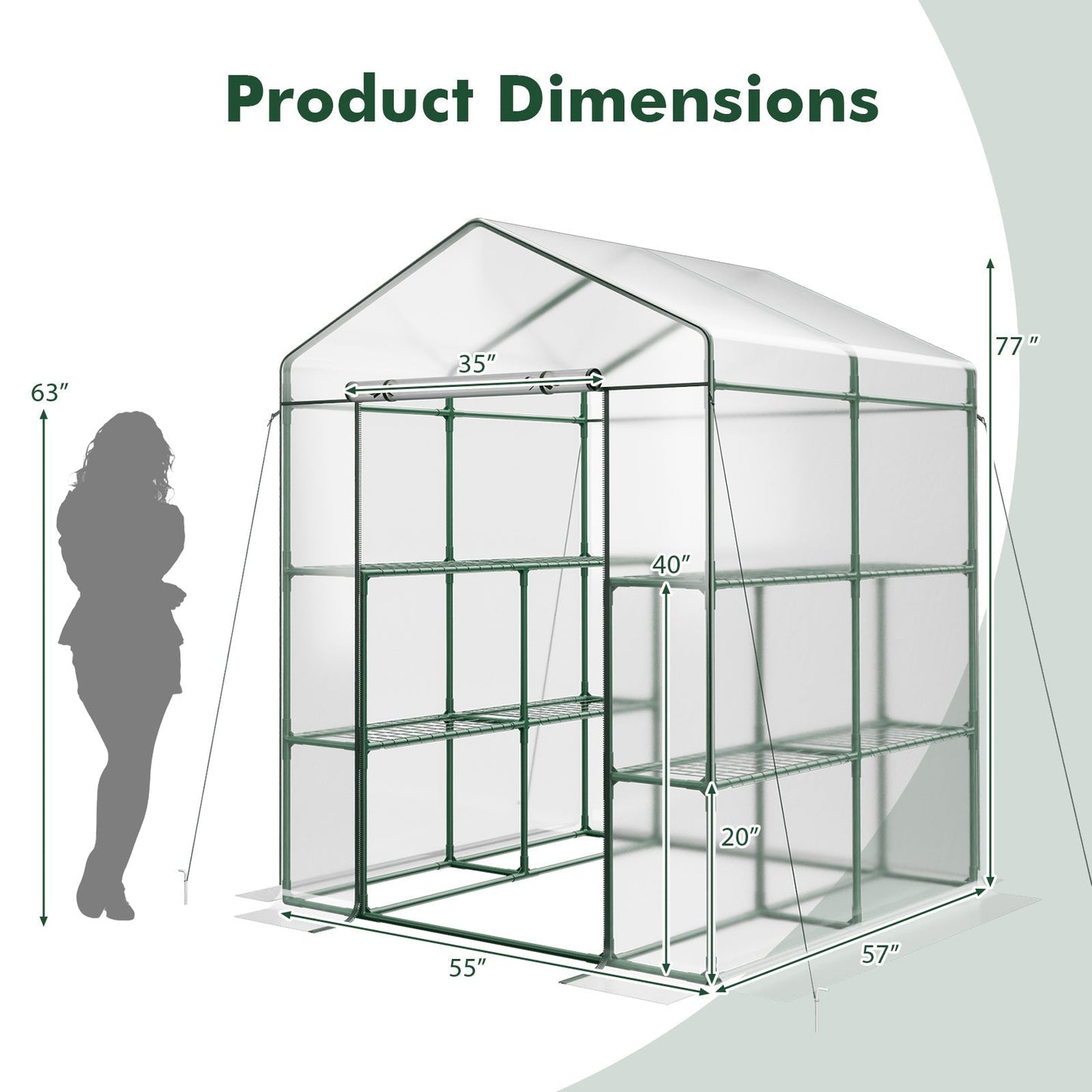 55 x 57 x 77-Inch Walk-In Greenhouse with Transparent Cover, Roll-Up Door and Eight Side Shelves
