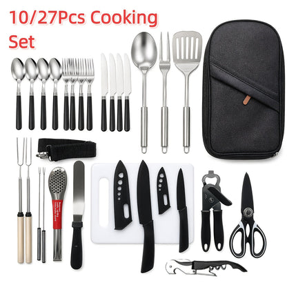 Camping Cookware Set, 10- or 27-Piece Stainless Steel Outdoor Utensil Kit with Knives, Flatware and Organizer Bag