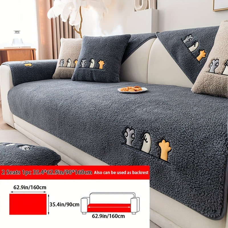 Sofa Cover Thick Plush Shearling Panels with Animal and Bone Embroidery and Backing Detail for 2 to 4 Seats