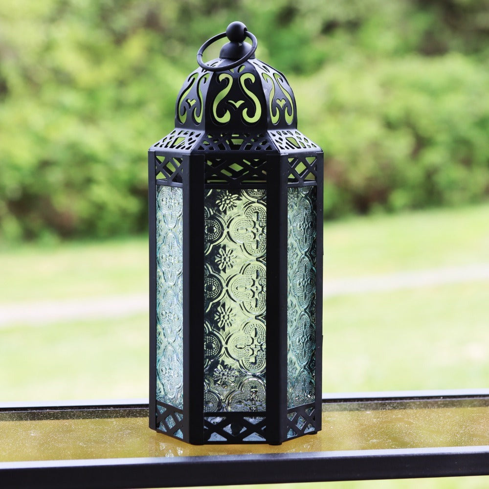Moroccan Candle Lantern Holder - Decorative Metal & Glass Lantern with Embossed Floral Design for Indoor Home Decor