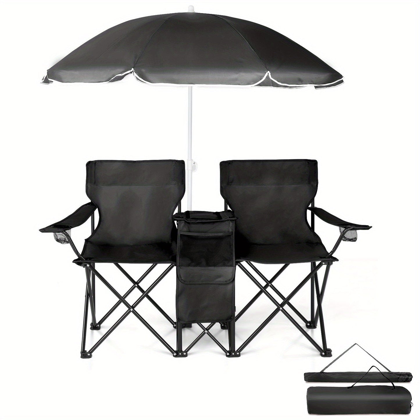 Folding Fishing Chair with Sun Umbrella – 2-Seat Portable Outdoor Chair, Iron Alloy Frame & Oxford Fabric, Built-In Storage Bag & Carry Bag