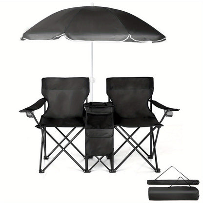Folding Fishing Chair with Sun Umbrella – 2-Seat Portable Outdoor Chair, Iron Alloy Frame & Oxford Fabric, Built-In Storage Bag & Carry Bag
