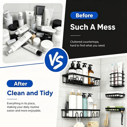 Six-Piece Black Adhesive Wall-Mounted Shower Caddy Set with Shelves, Hooks and Paper Holder