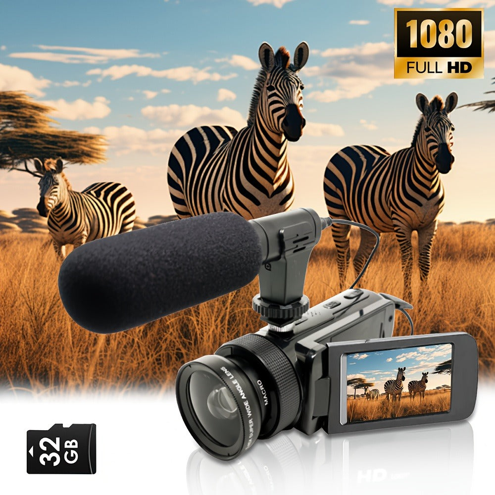 Digital Video Camera HD 1080P with Flip Screen & External Microphone, 16MP 16X Zoom Compact Camcorder for Family