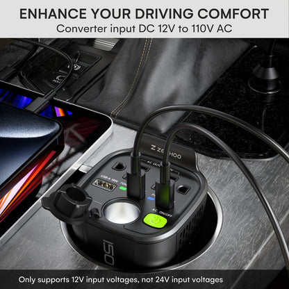 Black 150W Vertical Car Power Inverter with Two 110V AC Outlets, USB-A and USB-C Ports for Vehicles