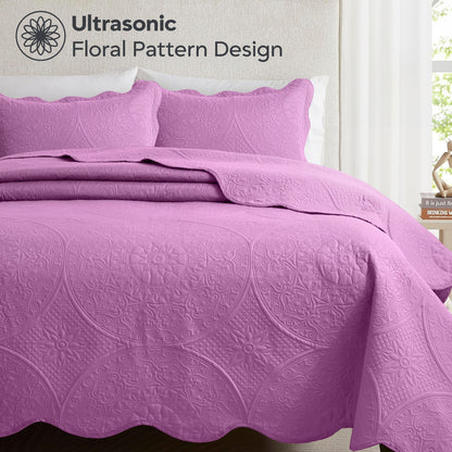 Floral-Pattern Three-Piece Bedspread Set in 16 Colors with Twin, Queen, King and California King Sizes