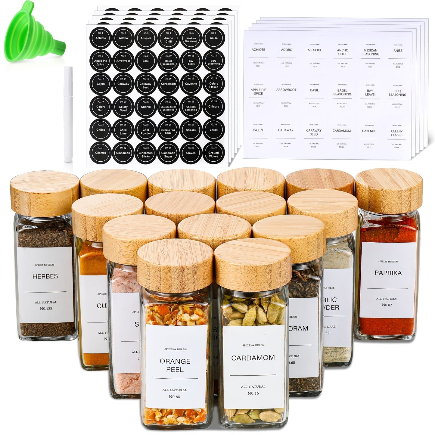 Glass Spice Jars 4oz with Bamboo Lids Labels and Collapsible Funnels Seasoning Storage for Home Cooking, Dining and Outdoor Meals