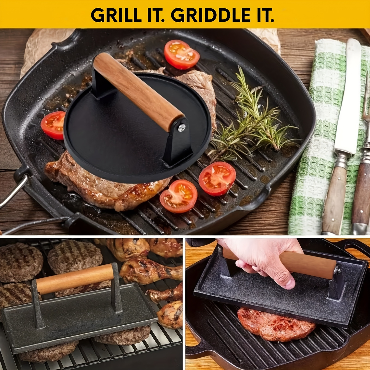 Smash Burger Press Cast Iron Heavy Duty Dual-Size Burger Smasher with Ergonomic Wood Handle – BBQ Grill Press for Smash Burgers