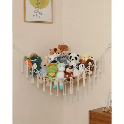 Stuffed Animal Storage Hammock with Lights Corner Hanging Toy Net Organizer for Nursery for Entryways, Bedrooms and Living Spaces