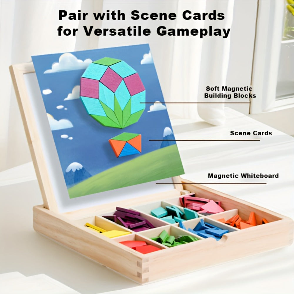 Magnetic Wooden Puzzle Blocks 128 180 220 Piece Set, Geometric Figures Cognitive Learning STEM Toy for Kids