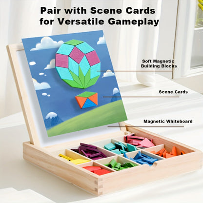 Magnetic Wooden Puzzle Blocks 128 180 220 Piece Set, Geometric Figures Cognitive Learning STEM Toy for Kids