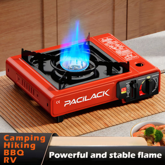 Portable Butane Tabletop Camping Stove in Black or Red with Carrying Case, Windscreen and 34 x 28 cm Base