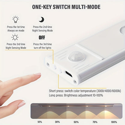 LED Sensor Strip Light USB Rechargeable – 3-Color Dimmable Motion Sensing Wireless Night Light for Kitchen, Wardrobe, Cabinet