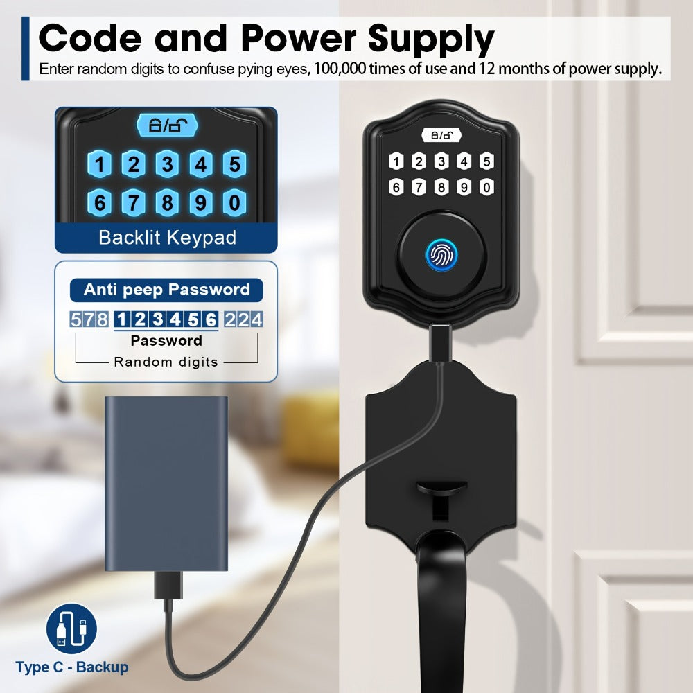 Keypad Deadbolt Lock Fingerprint Keyless Entry, Electronic Door Lock with Code Fingerprint & Key