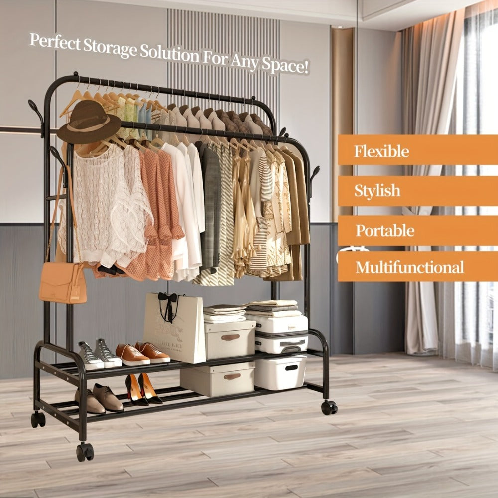 Double Rod Clothes Rack with Wheels Metal Garment Rack with Shelves and Hooks Portable Closet Organizer for Bedroom Living Room Gold