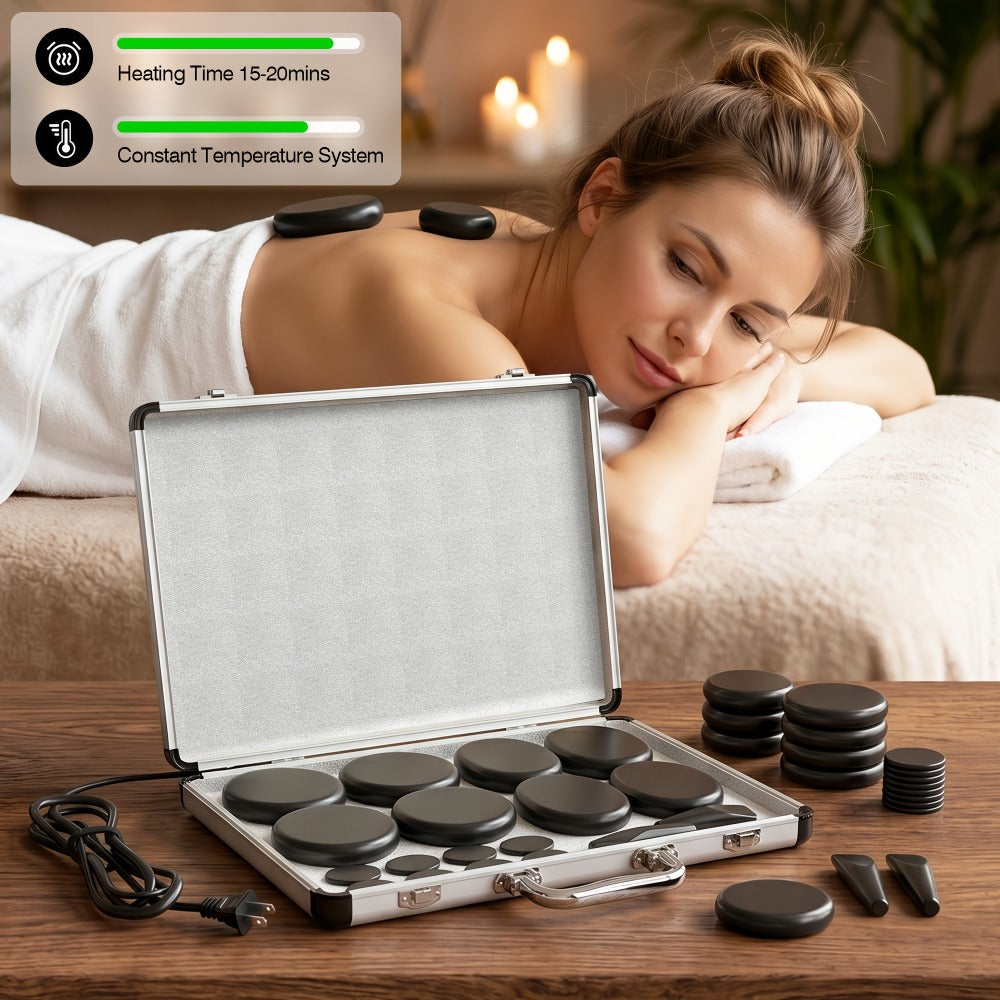 18-Piece Basalt Hot Stone Massage Set with Warmer, 4 Sizes for Full Body Deep Relaxation, Professional