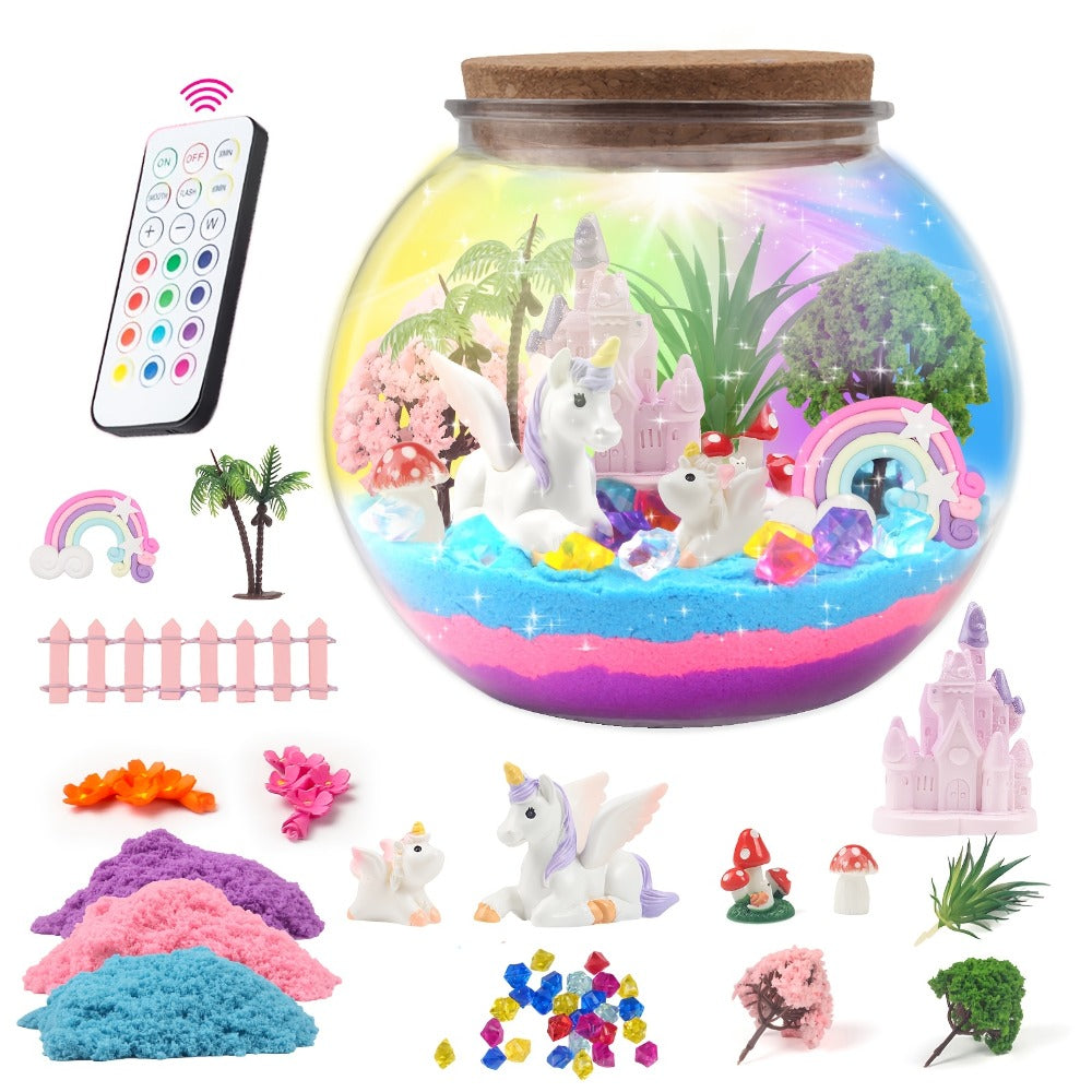 Unicorn Terrarium Craft Kit with Decorative Globe, Multicolor LED Light, Remote and Layered Sand Accessories