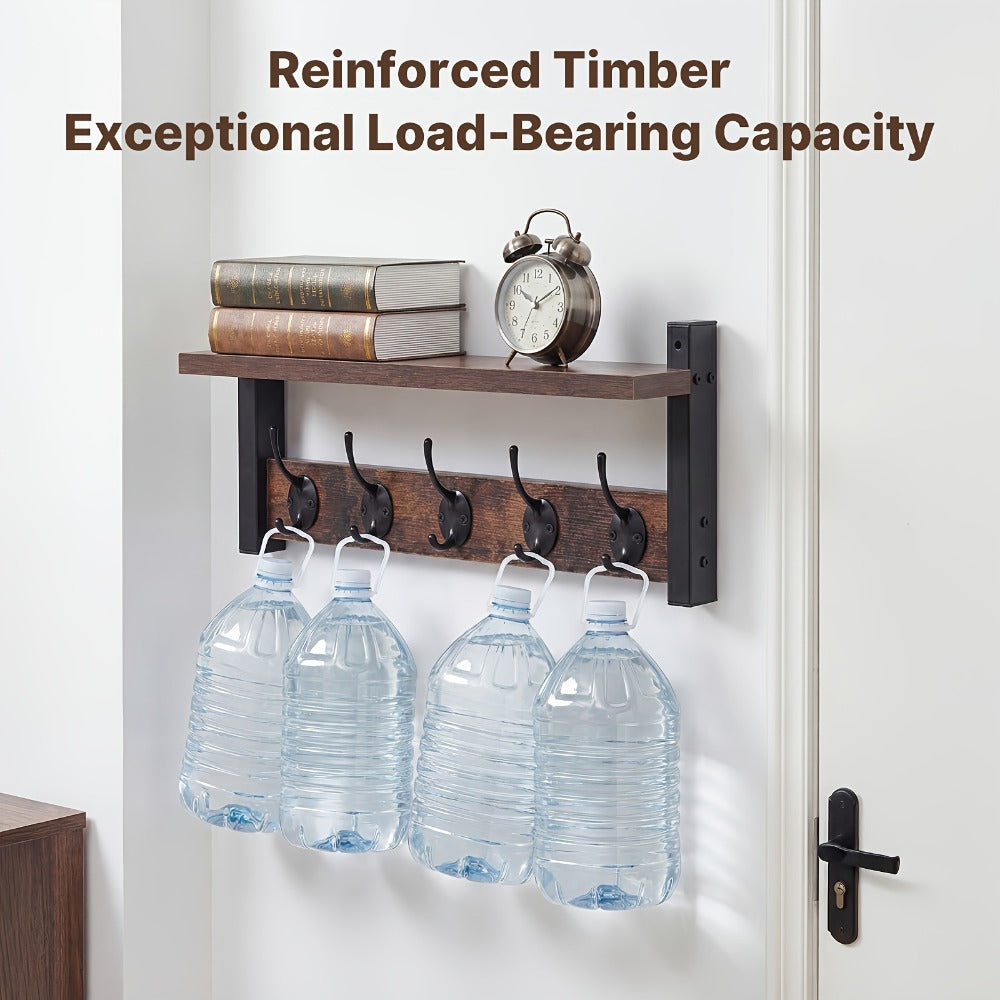 Vintage Wall-Mounted Shelf and Key Rack with Five Hooks, 17.1-Inch Width and Brown Board Finish