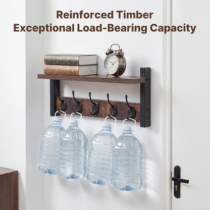 Vintage Wall-Mounted Shelf and Key Rack with Five Hooks, 17.1-Inch Width and Brown Board Finish
