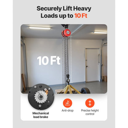 Hand Chain Hoist / Manual Chain Block with G70 Chain, 8 ft / 10 ft / 20 ft Lift Height, 360° Rotating Hooks