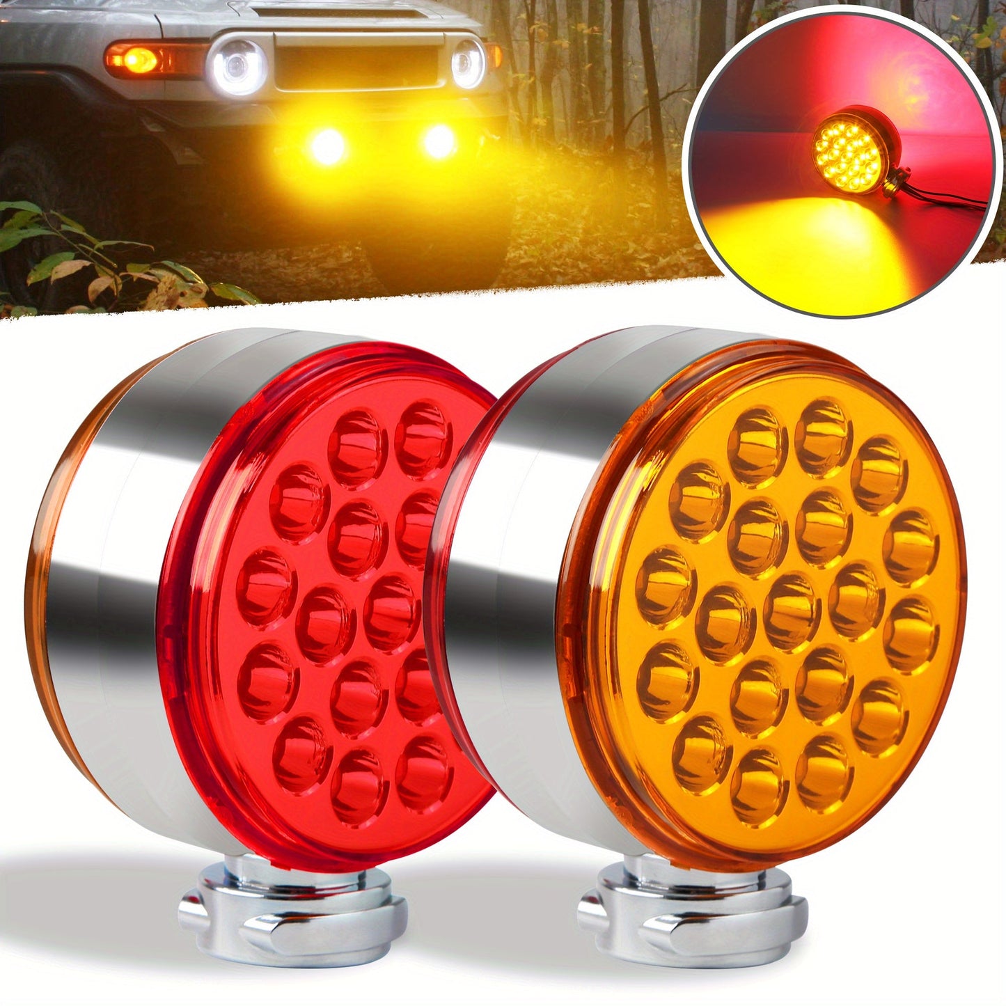 Truck Pedestal Lights Kit 4 Pack – 2pcs 4 Inch Round Double Face LED Turn Signal Lights 38-LED & 2pcs 3 Inch Round Double Face LED Marker