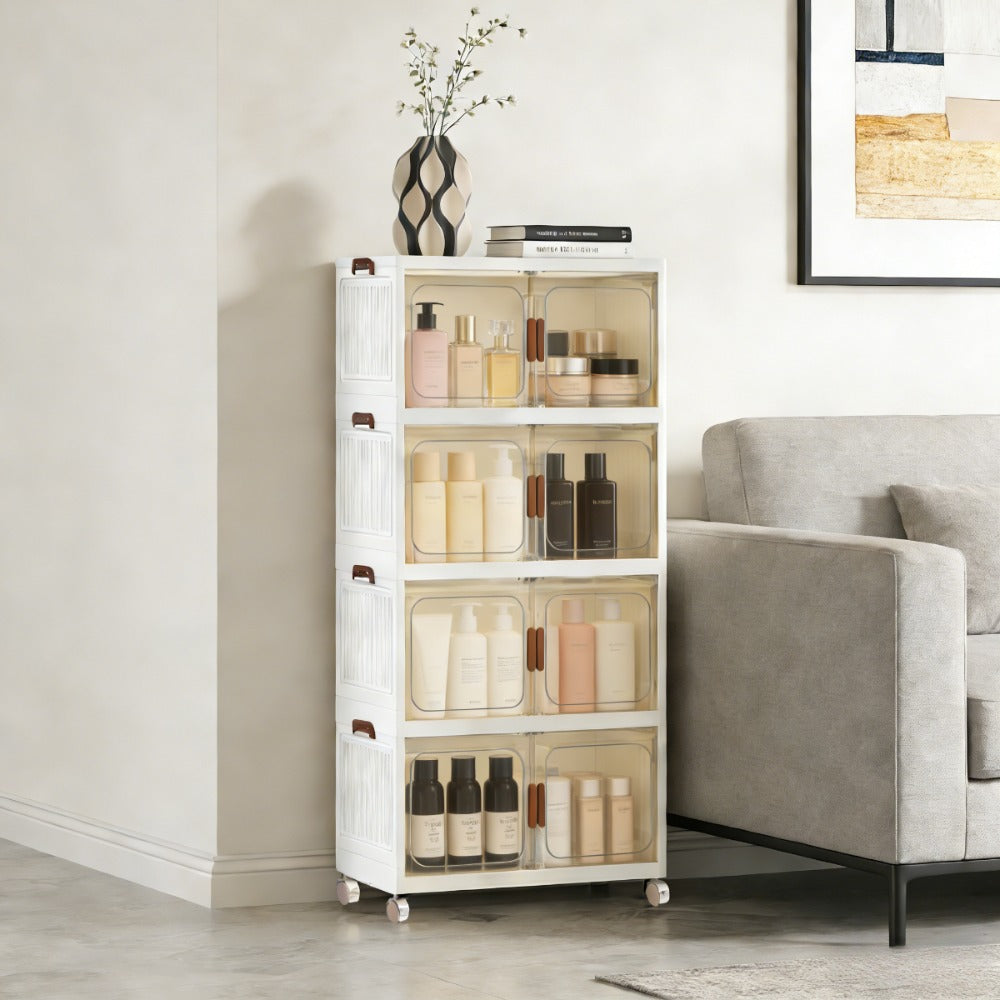 Foldable Storage Cabinet with Door, Multi-Layer Stackable Storage Box for Shoes, Clothes & Books