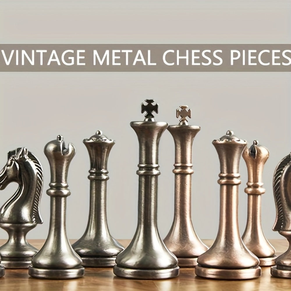 Wooden Chess Set with Metal Pieces & Storage Drawers 12 Inch – 2.5" Kings 2 Extra Queens Vintage Mahogany Board for Adults Beginners