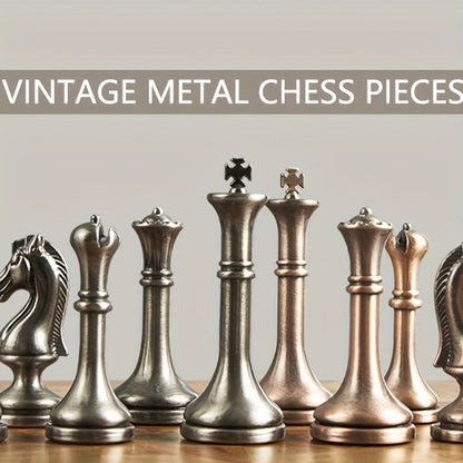 Wooden Chess Set with Metal Pieces & Storage Drawers 12 Inch – 2.5" Kings 2 Extra Queens Vintage Mahogany Board for Adults Beginners