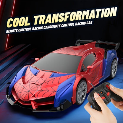 Remote Control Car, Spider-Man Pattern 1:18 Transforming Robot Vehicle with One-Button Change, LED Lights and Three Colors