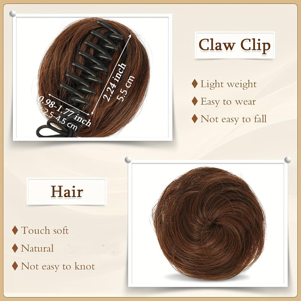 Mini Donut Bun Hairpiece with Cat Ears Claw Clip Messy Bun Synthetic Fiber Instant Updo – 2 Pcs Set for Women Girls All Hair Types Natural