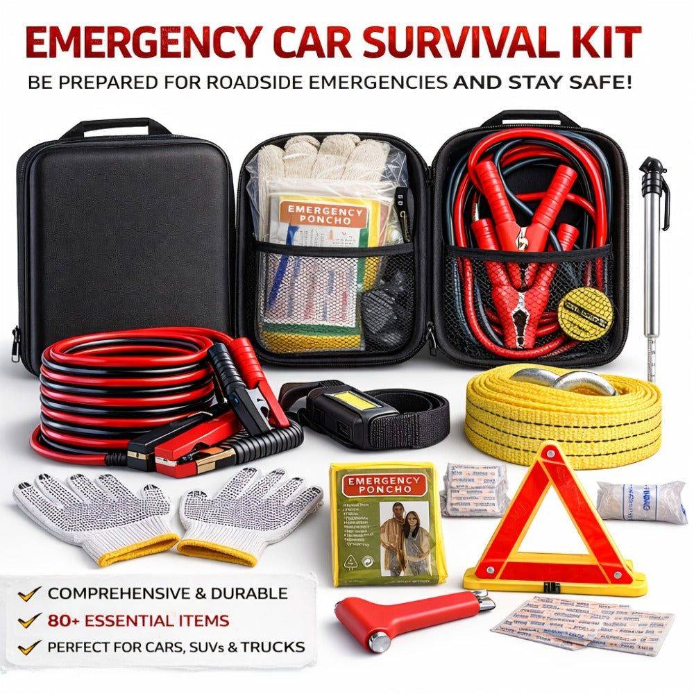 Car Emergency Roadside Kit with Jumper Cables – 12-Piece Automotive Safety Kit with Tow Rope, Safety Hammer, Tire Gauge