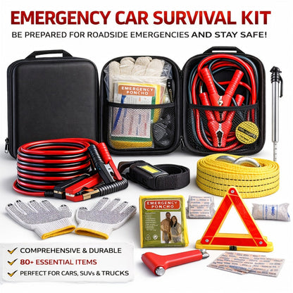 Car Emergency Roadside Kit with Jumper Cables – 12-Piece Automotive Safety Kit with Tow Rope, Safety Hammer, Tire Gauge