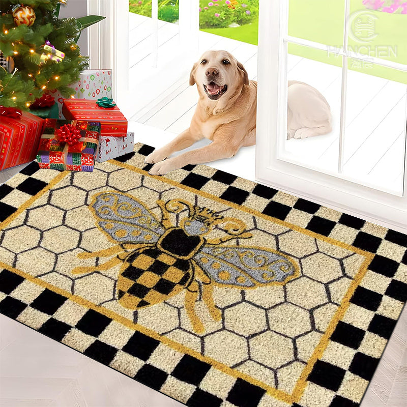 Bee Honeycomb Entryway Floor Mat with Black Check Border in Three Sizes from 15.74 x 23.62 to 17.71 x 47.24 Inches