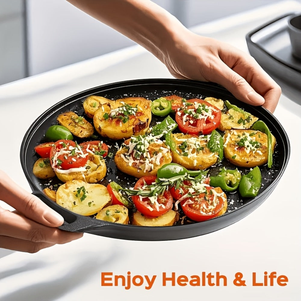 28cm Cast Iron Skillet with Dual Loop Handles and Broad Round Cooking Surface for Oven, Grill or Campfire Use
