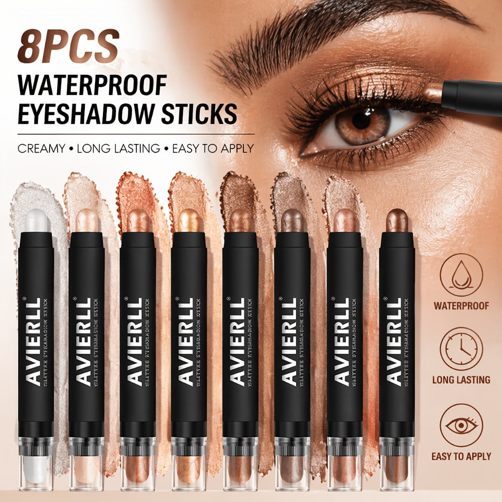 Waterproof Eyeshadow Stick Set 8 Piece, Shimmer, Pearlescent & Matte Eye Shadow Pencils, Creamy Blendable Formula