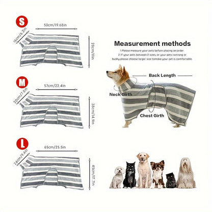 Gray Striped Microfiber Pet Bath Wrap with Adjustable Closure in Small, Medium and Large Sizes