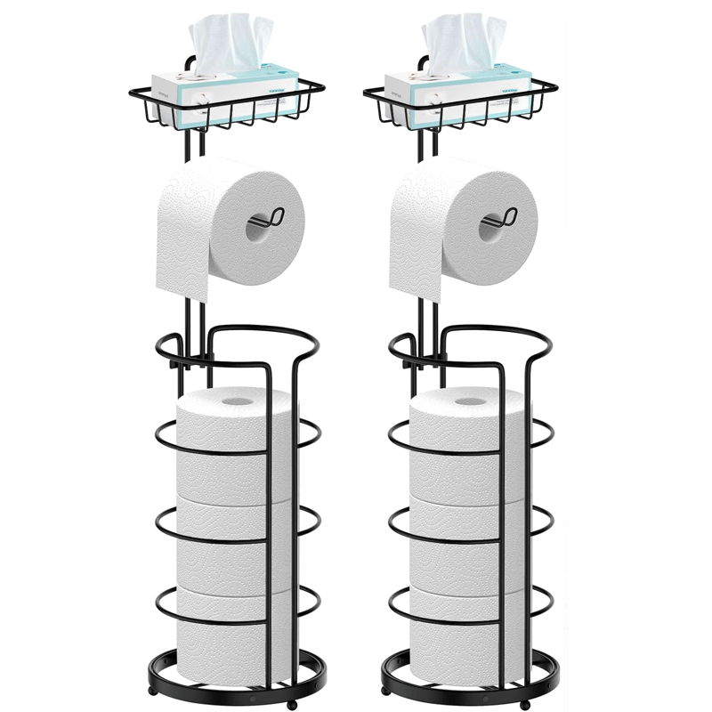 Freestanding Toilet Paper Holder with Round Four-Roll Storage Cage, Upper Shelf and One- or Two-Pack Options