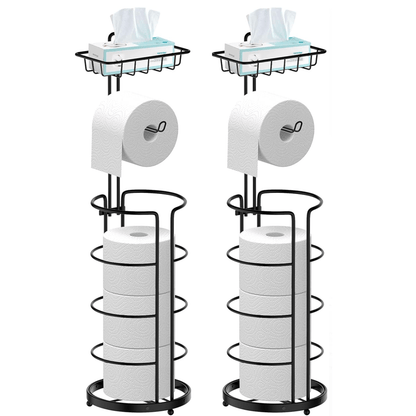 Freestanding Toilet Paper Holder with Round Four-Roll Storage Cage, Upper Shelf and One- or Two-Pack Options