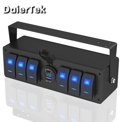 6 Gang Rocker Switch Panel 12V – SPST ON/OFF LED Switch Box with Dual USB PD3.0 & QC3.0 Fast Charger, Built-in Voltmeter for Car, Truck