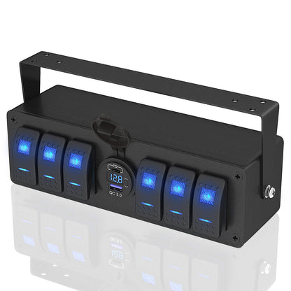 6 Gang Rocker Switch Panel 12V – SPST ON/OFF LED Switch Box with Dual USB PD3.0 & QC3.0 Fast Charger, Built-in Voltmeter for Car, Truck