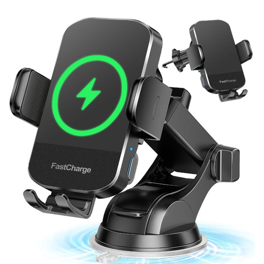 Brass-Tone Wireless Car Charger Mount with Side Clamps, Suction Base and Pictured Air-Vent Clip