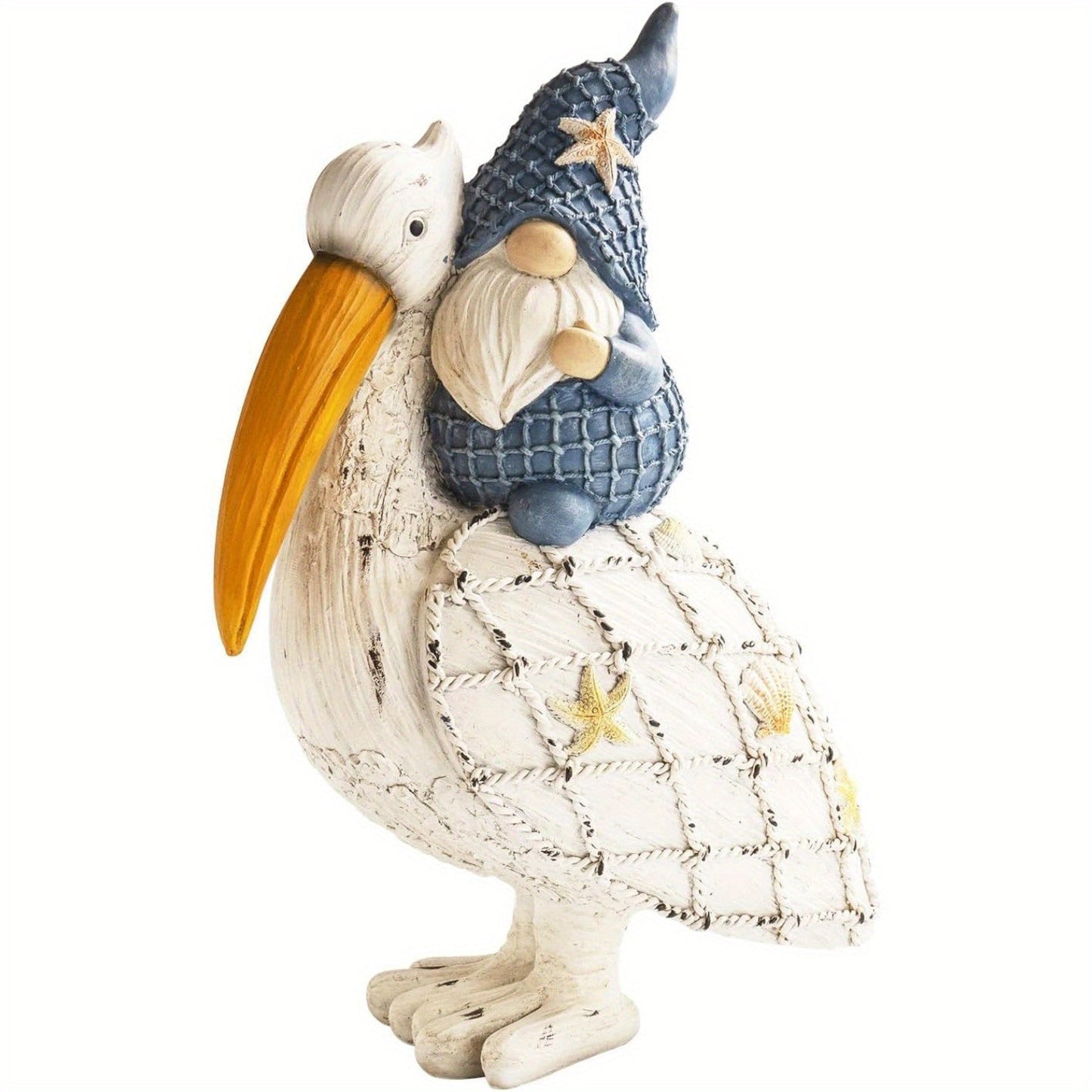 Pelican Gnome Figurine 11.5", Resin Coastal Beach Decor with Starfish & Seashell, Tabletop Statue for Home